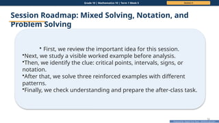 Prepared By: DepEd Club Team - DEPEDCLUB.COM
Prepared By: DepEd Club Team - DEPEDCLUB.COM
Grade 10 | Mathematics 10 | Term 1 Week 5 Session 4
52
Session Roadmap: Mixed Solving, Notation, and
Problem Solving
• First, we review the important idea for this session.
•Next, we study a visible worked example before analysis.
•Then, we identify the clue: critical points, intervals, signs, or
notation.
•After that, we solve three reinforced examples with different
patterns.
•Finally, we check understanding and prepare the after-class task.
 