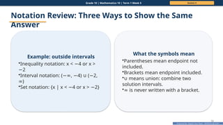 Prepared By: DepEd Club Team - DEPEDCLUB.COM
Prepared By: DepEd Club Team - DEPEDCLUB.COM
Grade 10 | Mathematics 10 | Term 1 Week 5 Session 4
55
Notation Review: Three Ways to Show the Same
Answer
Example: outside intervals
•Inequality notation: x < 4 or x >
−
2
−
•Interval notation: ( , 4) ( 2,
−∞ − ∪ −
)
∞
•Set notation: {x | x < 4 or x > 2}
− −
What the symbols mean
•Parentheses mean endpoint not
included.
•Brackets mean endpoint included.
•∪ means union: combine two
solution intervals.
•∞ is never written with a bracket.
 