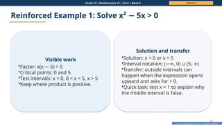 Prepared By: DepEd Club Team - DEPEDCLUB.COM
Prepared By: DepEd Club Team - DEPEDCLUB.COM
Grade 10 | Mathematics 10 | Term 1 Week 5 Session 4
56
Reinforced Example 1: Solve x² 5x > 0
−
Visible work
•Factor: x(x 5) > 0
−
•Critical points: 0 and 5
•Test intervals: x < 0, 0 < x < 5, x > 5
•Keep where product is positive.
Solution and transfer
•Solution: x < 0 or x > 5
•Interval notation: ( , 0) (5, )
−∞ ∪ ∞
•Transfer: outside intervals can
happen when the expression opens
upward and asks for > 0.
•Quick task: test x = 1 to explain why
the middle interval is false.
 