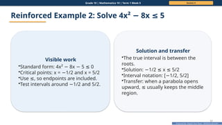 Prepared By: DepEd Club Team - DEPEDCLUB.COM
Prepared By: DepEd Club Team - DEPEDCLUB.COM
Grade 10 | Mathematics 10 | Term 1 Week 5 Session 4
57
Reinforced Example 2: Solve 4x² 8x 5
− ≤
Visible work
•Standard form: 4x² 8x 5 0
− − ≤
•Critical points: x = 1/2 and x = 5/2
−
•Use , so endpoints are included.
≤
•Test intervals around 1/2 and 5/2.
−
Solution and transfer
•The true interval is between the
roots.
•Solution: 1/2 x 5/2
− ≤ ≤
•Interval notation: [ 1/2, 5/2]
−
•Transfer: when a parabola opens
upward, usually keeps the middle
≤
region.
 