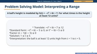 Prepared By: DepEd Club Team - DEPEDCLUB.COM
Prepared By: DepEd Club Team - DEPEDCLUB.COM
Grade 10 | Mathematics 10 | Term 1 Week 5 Session 4
59
Problem Solving Model: Interpreting a Range
A ball’s height is modeled by h(t) = t² + 6t + 7. For what times is the height
−
at least 12 units?
• Translate: t² + 6t + 7 12
− ≥
•Standard form: t² + 6t 5 0, or t² 6t + 5 0
− − ≥ − ≤
•Factor: (t 1)(t 5) 0
− − ≤
•Solution: 1 t 5
≤ ≤
•Interpretation: the ball is at least 12 units high from t = 1 to t = 5.
 