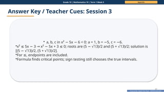 Prepared By: DepEd Club Team - DEPEDCLUB.COM
Prepared By: DepEd Club Team - DEPEDCLUB.COM
Grade 10 | Mathematics 10 | Term 1 Week 5 Appendix
67
Answer Key / Teacher Cues: Session 3
• a, b, c in x² 5x 6 < 0: a = 1, b = 5, c = 6.
− − − −
•x² 5x 3 x² 5x + 3 0; roots are (5 13)/2 and (5 + 13)/2; solution is
≤ − → − ≤ − √ √
[(5 13)/2, (5 + 13)/2].
− √ √
•For , endpoints are included.
≤
•Formula finds critical points; sign testing still chooses the true intervals.
 