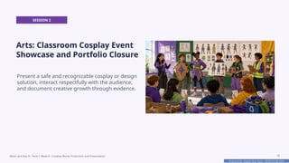 Prepared By: DepEd Club Team - DEPEDCLUB.COM
Prepared By: DepEd Club Team - DEPEDCLUB.COM
SESSION 2
Arts: Classroom Cosplay Event
Showcase and Portfolio Closure
Present a safe and recognizable cosplay or design
solution, interact respectfully with the audience,
and document creative growth through evidence.
Music and Arts 8 • Term 1 Week 8 • Creative Works Production and Presentation 19
 