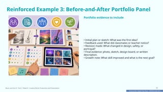 Prepared By: DepEd Club Team - DEPEDCLUB.COM
Prepared By: DepEd Club Team - DEPEDCLUB.COM
Reinforced Example 3: Before-and-After Portfolio Panel
Portfolio evidence to include
• Initial plan or sketch: What was the first idea?
• Feedback used: What did classmates or teacher notice?
• Revision made: What changed in design, safety, or
portrayal?
• Final evidence: photo, sketch, design board, or written
description.
• Growth note: What skill improved and what is the next goal?
Music and Arts 8 • Term 1 Week 8 • Creative Works Production and Presentation 29
 