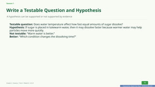 Prepared By: DepEd Club Team - DEPEDCLUB.COM
Prepared By: DepEd Club Team - DEPEDCLUB.COM
Session 1
Write a Testable Question and Hypothesis
A hypothesis can be supported or not supported by evidence
Testable question: Does water temperature affect how fast equal amounts of sugar dissolve?
Hypothesis: If sugar is placed in lukewarm water, then it may dissolve faster because warmer water may help
particles move more quickly.
Not testable: “Warm water is better.”
Better: “Which condition changes the dissolving time?”
Grade 6 | Science | Term 1 Week 8 | V12.5 12
 