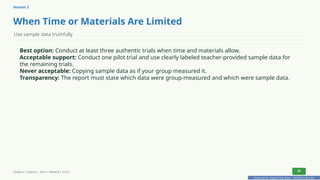Prepared By: DepEd Club Team - DEPEDCLUB.COM
Prepared By: DepEd Club Team - DEPEDCLUB.COM
Session 2
When Time or Materials Are Limited
Use sample data truthfully
Best option: Conduct at least three authentic trials when time and materials allow.
Acceptable support: Conduct one pilot trial and use clearly labeled teacher-provided sample data for
the remaining trials.
Never acceptable: Copying sample data as if your group measured it.
Transparency: The report must state which data were group-measured and which were sample data.
Grade 6 | Science | Term 1 Week 8 | V12.5 20
 