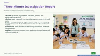 Prepared By: DepEd Club Team - DEPEDCLUB.COM
Prepared By: DepEd Club Team - DEPEDCLUB.COM
Session 4
Three-Minute Investigation Report
Communicate the complete scientific story
Include: question, hypothesis, variables, control and
experimental set-ups.
Method: safe materials, numbered procedure, and three-trial
data.
Evidence: table or graph, observations, and any unexpected
events.
Conclusion: claim, evidence, reasoning, limitations, and one
improvement.
Audience: another group should understand what happened
without guessing.
Grade 6 | Science | Term 1 Week 8 | V12.5 31
 