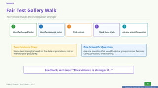 Prepared By: DepEd Club Team - DEPEDCLUB.COM
Prepared By: DepEd Club Team - DEPEDCLUB.COM
Session 4
Fair Test Gallery Walk
Peer review makes the investigation stronger
1
Identify changed factor
2
Identify measured factor
3
Find controls
4
Check three trials
5
Ask one scientific question
Two Evidence Stars
Name two strengths based on the data or procedure, not on
friendship or popularity.
One Scientific Question
Ask one question that would help the group improve fairness,
safety, precision, or reasoning.
Feedback sentence: “The evidence is stronger if…”
Grade 6 | Science | Term 1 Week 8 | V12.5 32
 