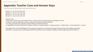 Prepared By: DepEd Club Team - DEPEDCLUB.COM
Prepared By: DepEd Club Team - DEPEDCLUB.COM
Grade 6 | TLE-AFA | Term 1 / Week 9 Appendix
47
Appendix: Teacher Cues and Answer Keys
This slide may be hidden before classroom presentation.
Session 1: 1-A, 2-A, 3-A, 4-B, 5-A.
Session 2: 1-A, 2-A, 3-A, 4-A, 5-B.
Session 3: 1-A, 2-A, 3-A, 4-A, 5-B.
Session 4: 1-A, 2-A, 3-A, 4-A, 5-A.
Teacher cues:
• If learners confuse cuts and market forms, use two-column sorting and one example at a time.
• If learners rely on appearance alone, require two indicators before deciding.
• If curing principles are confused, reteach Moisture-Salt-Smoke-Acid.
• If equipment is chosen before the method, reinforce: inspect product choose process select tools control hazards record.
→ → → →
Final alignment check: BOW Weeks 8-9 harvesting competency is continued through safe post-harvest handling, freshness
protection, curing choices, tools/equipment/PPE, sanitation, and simulation. Selling is intentionally reserved for Week 10.
 
