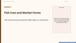 Prepared By: DepEd Club Team - DEPEDCLUB.COM
Prepared By: DepEd Club Team - DEPEDCLUB.COM
Grade 6 | TLE-AFA | Term 1 / Week 9 SESSION 1
7
SESSION 1
Fish Cuts and Market Forms
How does post-harvest preparation affect safety, use, and quality?
VISUAL GUIDE
Safe classroom learning uses
pictures, cards, paper/model
fish, and teacher-approved
demonstration only.
 