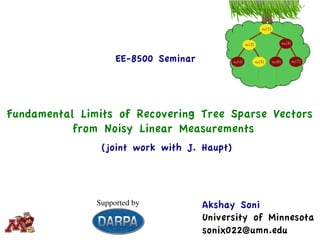 Fundamental Limits of Recovering Tree Sparse Vectors
from Noisy Linear Measurements
a`(1)
a`(2)
a`(5)
a`(3)
a`(4) a`(6) a`(7)EE-8500 Seminar
Akshay Soni
University of Minnesota
sonix022@umn.edu
(joint work with J. Haupt)
aupt
Minnesota
Computer Engineering
essive Imaging
al Learned Dictionaries
Supported by
 
