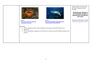 5
Questions:
1. Do the organisms shown above belong to one group of animals? Why do you
2. think so?
3. Do you think these organisms evolved from a common ancestor? Briefly support your
answer.
things today are products
of a very long process of
change.
Evolutionary change is
the heritable change in
populations and species
over time.
Students will watch a video
http://whc.unesco.org/en/list/1
/.
Source:
https://www.nemtforest.org/nature-
notes/eastern-chipmunk
Source:
https://www.istockphoto.com/photo/spinner-
dolphin-gm903018736-249065691
 