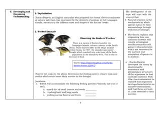 6
C. Developing and
Deepening
Understanding
1. Explicitation
Charles Darwin, an English naturalist who proposed the theory of evolution known
as natural selection, was impressed by the diversity of animals in the Galapagos
Islands, particularly the different sizes and shapes of the finches’ beaks.
2. Worked Example
Observing the Beaks of Finches
There is a variety of finches found in the
A B Galapagos Islands, volcanic islands in the Pacific
Ocean. These finches differ in the shape andsize
of their beaks. In 1977, the islands experienced
drought which resulted into a decrease of the finch
C D population in the islands by 85%. This is due to
decrease of food.
Observe the beaks in the photo. Determine the feeding pattern of each beak and
predict which would most likely survive in the drought.
Questions:
1. Which will accommodate the following feeding patterns? Identify the type of
beak.
a. mixed diet of small insects and seeds __________
b. crushing hard and large seeds __________
c. probing cactus flowers and fruits __________
The development of the
topic will start with the
concept that
● Natural selection is the
mechanism by which
species adjust to their
surroundings through
evolutionary changes.
● The theory explains that
originating from one
common ancestor still
results in biological
modifications that will
preserve characteristics
which are necessary for
the survival and
adaptation of species to
its habitat.
● Charles Darwin
developed the theory by
examining the
anatomical and
physiological structures
of the organisms he had
carefully observed. With
this close examination he
realized that organisms
develop characteristics as
adaptive mechanisms,
and that these are built-
in traits essential to their
survival.
Source: https://www.thoughtco.com/charles-
darwins-finches-1224472
 