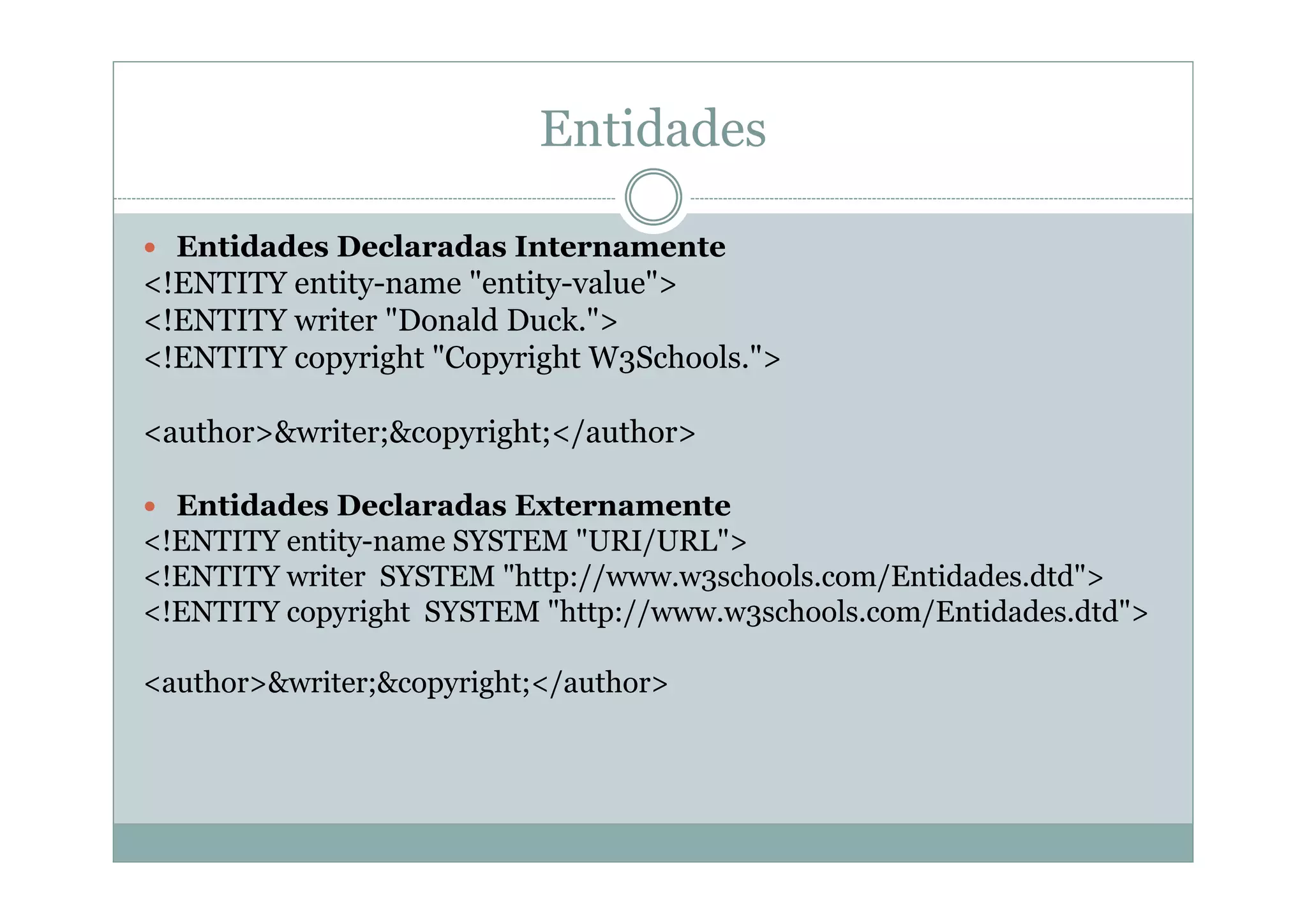 Entidades
 Entidades Declaradas Internamente
<!ENTITY entity-name "entity-value">
<!ENTITY writer "Donald Duck.">
<!ENTITY copyright "Copyright W3Schools.">
<author>&writer;&copyright;</author>
 Entidades Declaradas Externamente
<!ENTITY entity-name SYSTEM "URI/URL">
<!ENTITY writer SYSTEM "http://www.w3schools.com/Entidades.dtd">
<!ENTITY copyright SYSTEM "http://www.w3schools.com/Entidades.dtd">
<author>&writer;&copyright;</author>
 
