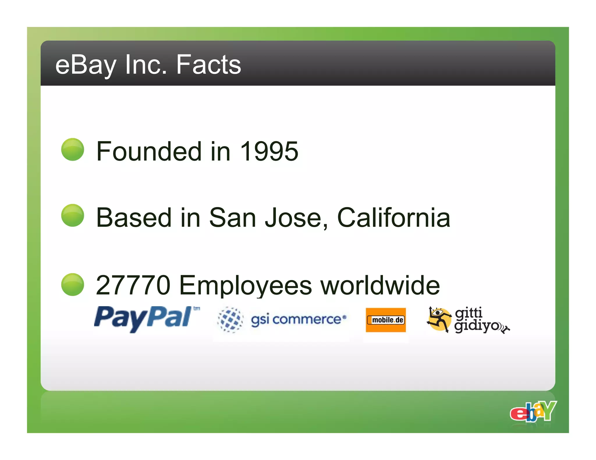 eBay Inc. Facts Founded in 1995 Based in San Jose, California 27770 Employees worldwide 