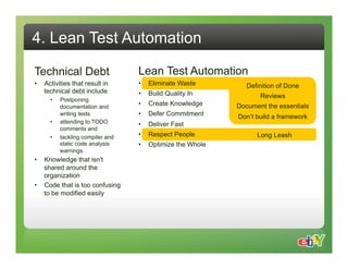 4. Lean Test Automation

Technical Debt                      Lean Test Automation
•    Activities that result in      •    Eliminate Waste         Definition of Done
     technical debt include         •    Build Quality In            Reviews
       •    Postponing
            documentation and
                                    •    Create Knowledge     Document the essentials
            writing tests           •    Defer Commitment     Don’t build a framework
       •    attending to TODO       •    Deliver Fast
            comments and
       •    tackling compiler and   •    Respect People             Long Leash
            static code analysis    •    Optimize the Whole
            warnings
•  Knowledge that isn't
   shared around the
   organization
•  Code that is too confusing
   to be modified easily
 