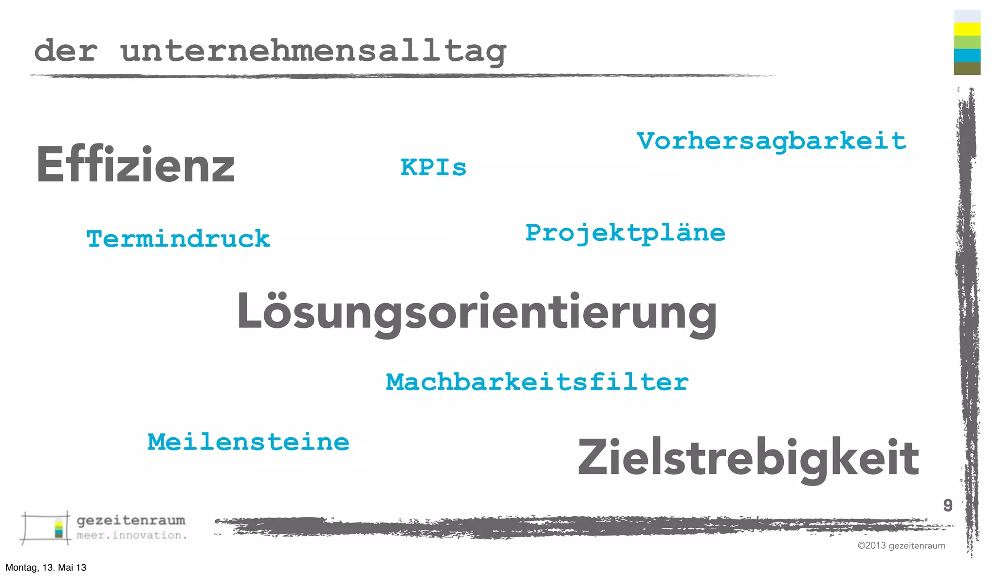 der unternehmensalltag

Efﬁzienz
Termindruck

KPIs

Vorhersagbarkeit
Projektpläne

Lösungsorientierung
Machbarkeitsfilter
Meilensteine

Zielstrebigkeit
9
©2013 gezeitenraum

Montag, 13. Mai 13

 