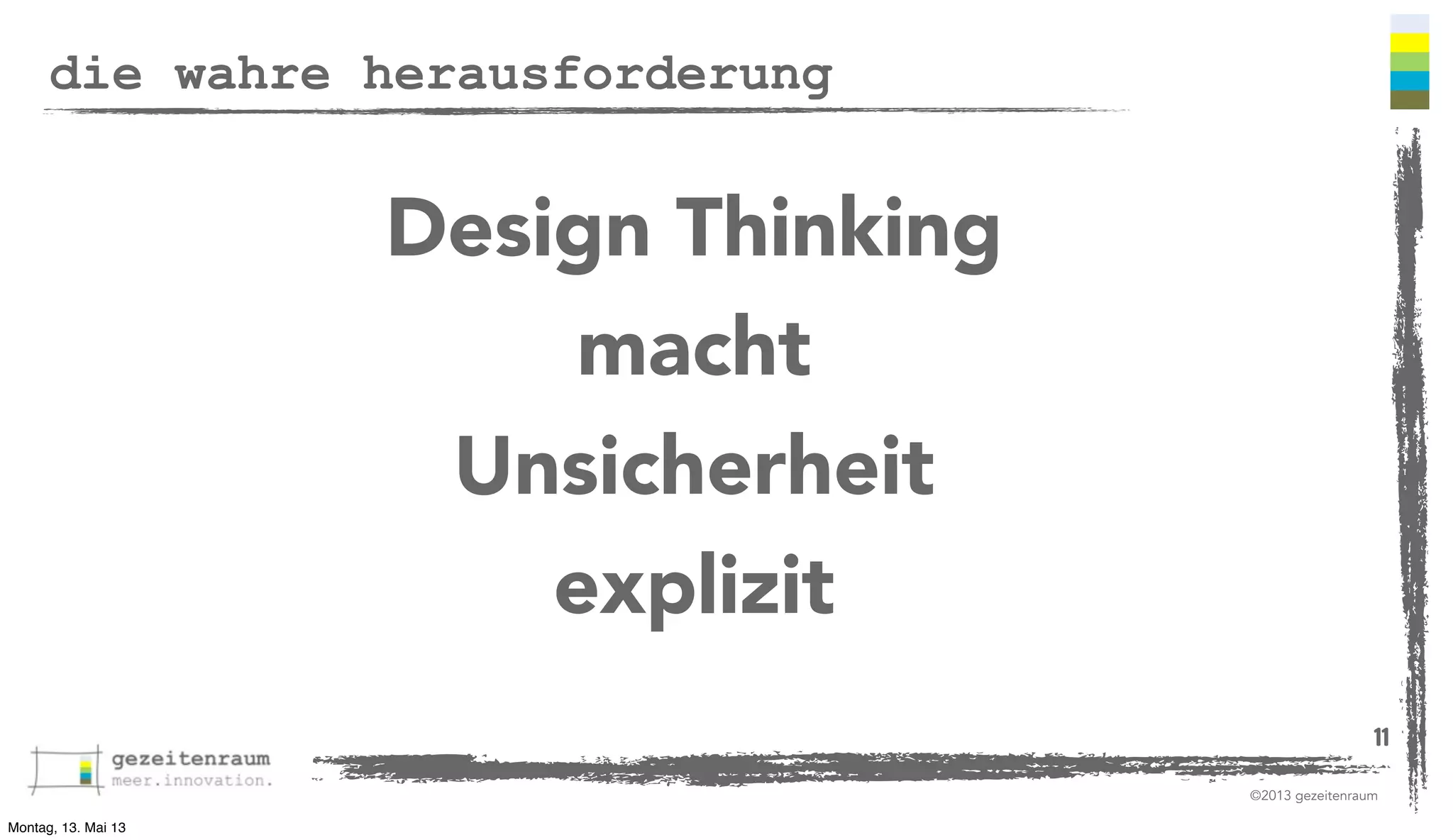 die wahre herausforderung

Design Thinking
macht
Unsicherheit
explizit
11
©2013 gezeitenraum
Montag, 13. Mai 13

 