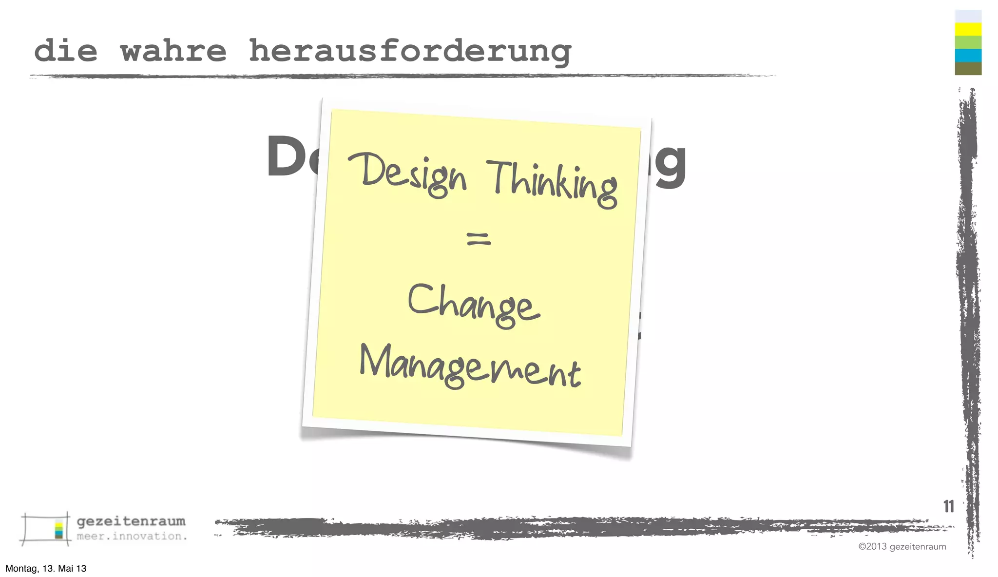 die wahre herausforderung

DesignnThinking
Desig Thinking
=
macht
Change
Unsicherheit
Management
explizit
11
©2013 gezeitenraum
Montag, 13. Mai 13

 