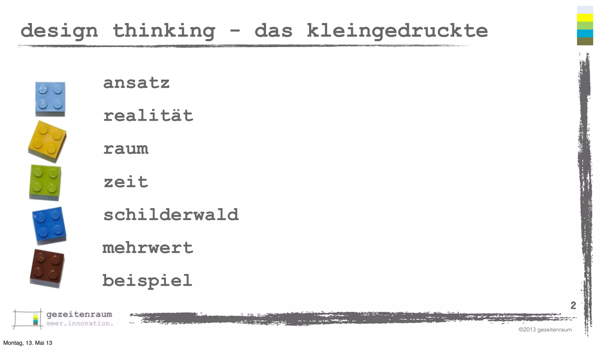 design thinking - das kleingedruckte
ansatz
realität
raum
zeit
schilderwald
mehrwert
beispiel
2
©2013 gezeitenraum
Montag, 13. Mai 13

 