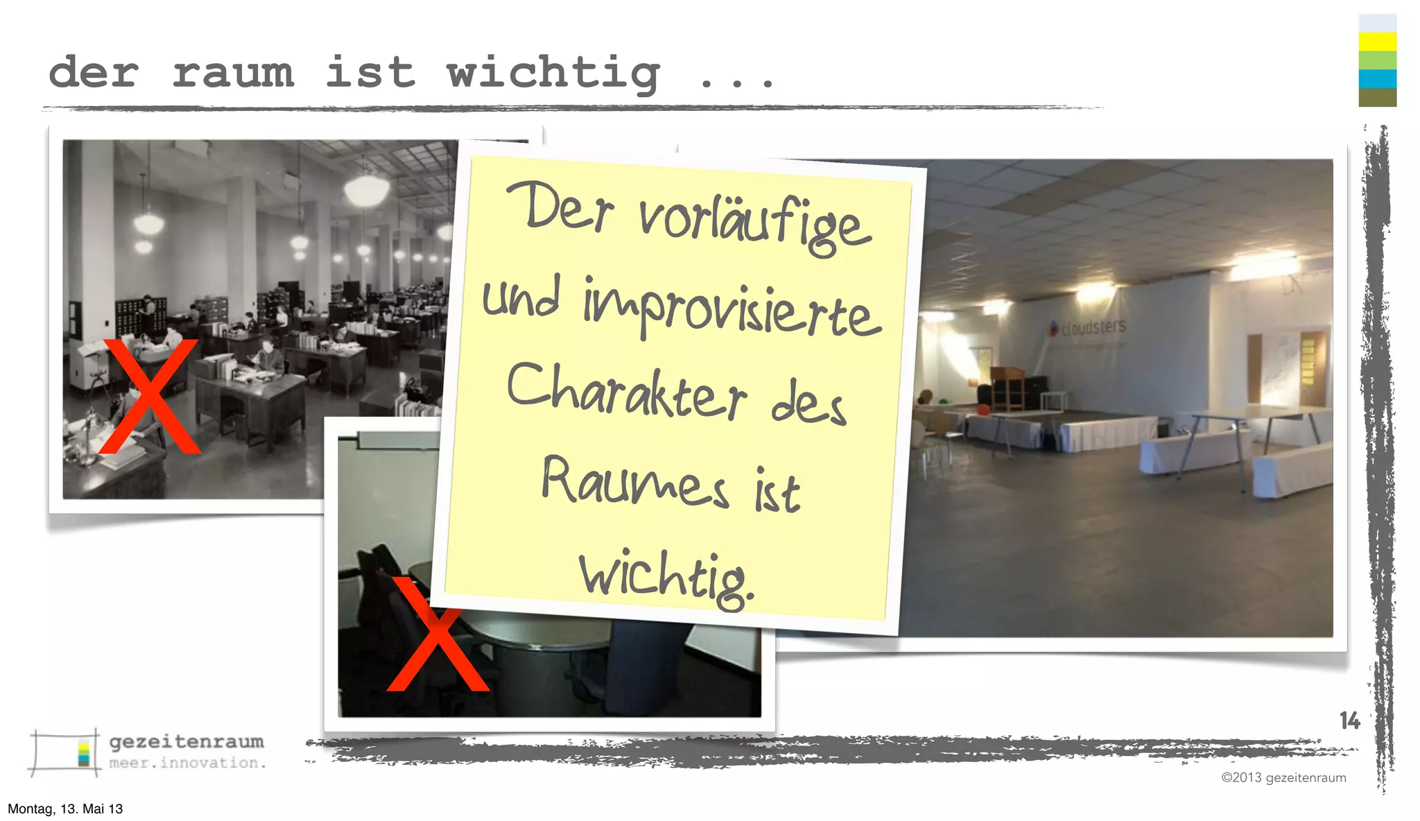 der raum ist wichtig ...

X

Der vorläufige
und improvisierte
Charakter des
Raumes ist
wichtig.

X

14
©2013 gezeitenraum

Montag, 13. Mai 13

 