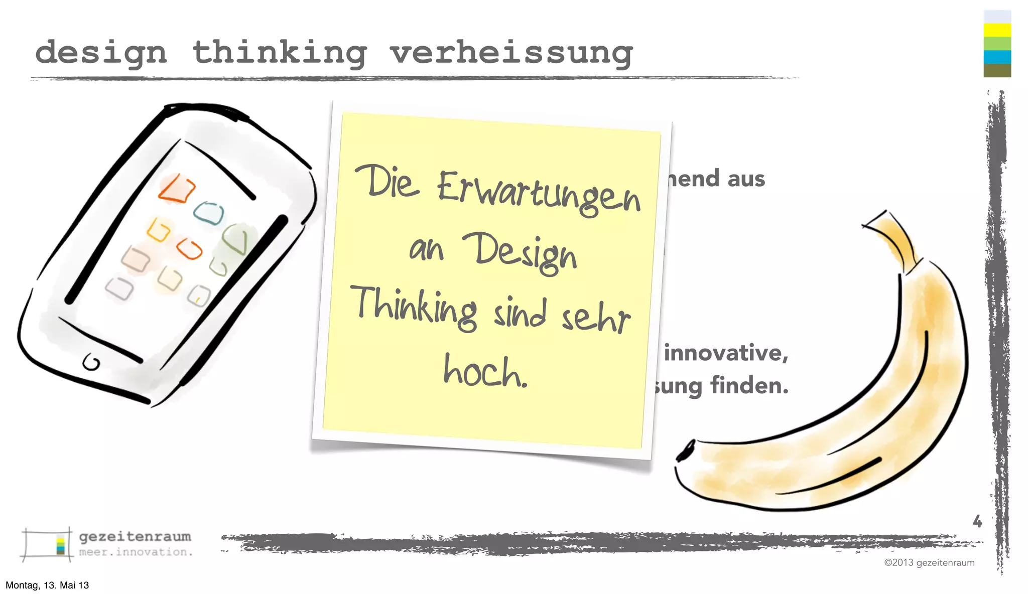 design thinking verheissung

Die Erwartungen
★einem speziellen Raum
★einem multidisziplinärem Team
an Design
★einigen Geboten und
ThinkDesign sThinkingehr
★dem ing ind s Prozess
und Du wirst eine innovative,
hrevolutionäre Lösung ﬁnden.
och.

Folge dem Kochrezept bestehend aus

4
©2013 gezeitenraum
Montag, 13. Mai 13

 