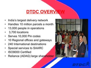 DTDC OVERVIEW India’s largest delivery network Handles 10 million parcels a month 13,000 people in operations  3,700 locations Serves 10,000 Pin codes 10 Regional offices and gateways 240 International destinations Special services to SAARC  ISO9000 Certified Reliance (ADAG) large shareholder 