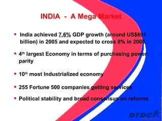INDIA  -  A Mega Market India achieved  7.6%  GDP growth (around US$691 billion) in 2005 and expected to cross 8% in 2006. 4 th  largest Economy in terms of purchasing power parity 10 th  most Industrialized economy 255 Fortune 500 companies getting services Political stability and broad consensus on reforms 