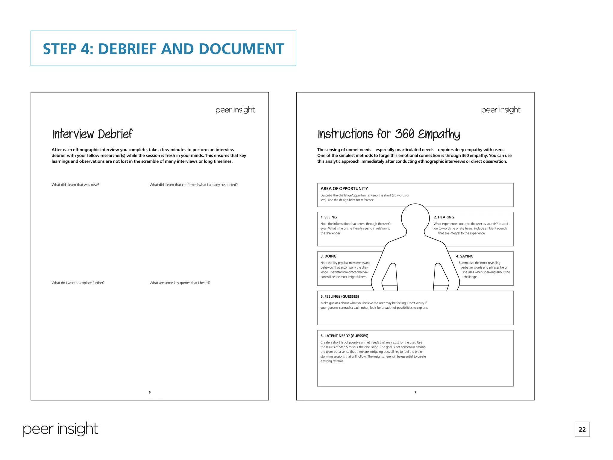22
6
Interview Debrief
After each ethnographic interview you complete, take a few minutes to perform an interview
debrief with your fellow researcher(s) while the session is fresh in your minds. This ensures that key
learnings and observations are not lost in the scramble of many interviews or long timelines.
What did I learn that was new? What did I learn that confirmed what I already suspected?
What do I want to explore further? What are some key quotes that I heard?
STEP 4: DEBRIEF AND DOCUMENT
7
Instructions for 360 Empathy
The sensing of unmet needs—especially unarticulated needs—requires deep empathy with users.
One of the simplest methods to forge this emotional connection is through 360 empathy. You can use
this analytic approach immediately after conducting ethnographic interviews or direct observation.
AREA OF OPPORTUNITY
Describe the challenge/opportunity. Keep this short (20 words or
less). Use the design brief for reference.
1. SEEING
Note the information that enters through the user’s
eyes. What is he or she literally seeing in relation to
the challenge?
3. DOING
Note the key physical movements and
behaviors that accompany the chal-
lenge. The data from direct observa-
tion will be the most insightful here.
5. FEELING? (GUESSES)
Make guesses about what you believe the user may be feeling. Don’t worry if
your guesses contradict each other; look for breadth of possibilities to explore.
6. LATENT NEED? (GUESSES)
Create a short list of possible unmet needs that may exist for the user. Use
the results of Step 5 to spur the discussion. The goal is not consensus among
the team but a sense that there are intriguing possibilities to fuel the brain-
storming sessions that will follow. The insights here will be essential to create
a strong reframe.
2. HEARING
What experiences occur to the user as sounds? In addi-
tion to words he or she hears, include ambient sounds
that are integral to the experience.
4. SAYING
Summarize the most revealing
verbatim words and phrases he or
she uses when speaking about the
challenge.
 
