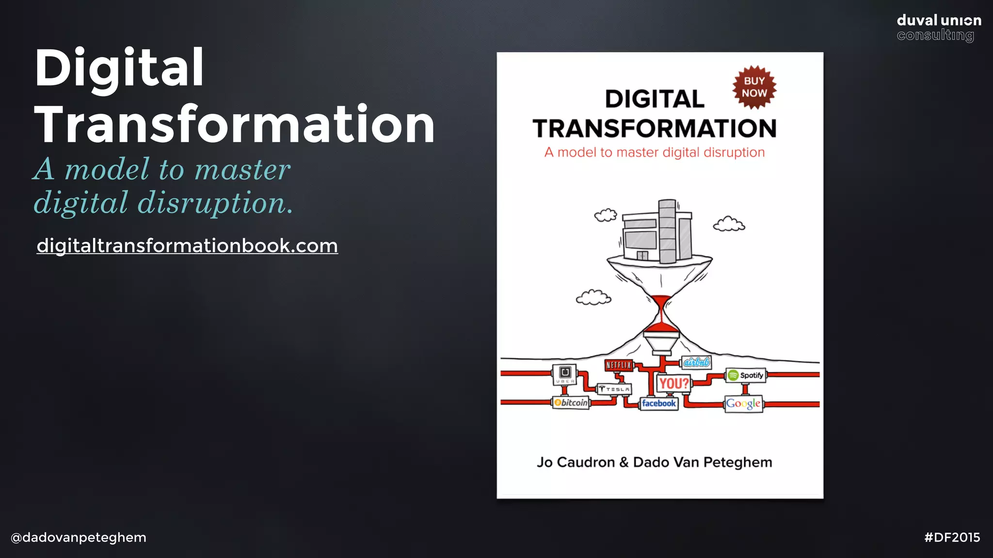 Digital
Transformation
A model to master
digital disruption.
@dadovanpeteghem #DF2015
digitaltransformationbook.com
 