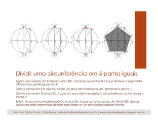 Dividir uma circunferência em 5 partes iguais 
Agora com centro em B traçar o arco BC, achando os pontos H e I que dividem o segmento 
CB em duas partes iguais em K; 
Com o centro em K e raio KG traçar um arco até interceptar AC, achando o ponto J; 
Com o centro em G e raio GJ, traçar um arco até interceptar a circunferência, achando-se o 
ponto L; 
Enfim, tendo como medida padrão o arco GL, traçar os novos arcos, LM, MN e NO, depois 
basta unir estes segmentos de reta para obter-se um pentágono regular inscrito. 
Profs. Ana Cristina Castro | Carla Freitas | estudio@caliandradesenhos.com.br | www.caliandradesenhos.blogspot.com.br 
