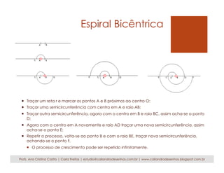 Espiral Bicêntrica 
¡ Traçar um reta r e marcar os pontos A e B próximos ao centro O; 
¡ Traçar uma semicircunferência com centro em A e raio AB; 
¡ Traçar outra semicircunferência, agora com o centro em B e raio BC, assim acha-se o ponto 
D; 
¡ Agora com o centro em A novamente e raio AD traçar uma nova semicircunferência, assim 
acha-se o ponto E; 
¡ Repetir o processo, volta-se ao ponto B e com o raio BE, traçar nova semicircunferência, 
achando-se o ponto F. 
¡ O processo de crescimento pode ser repetido infinitamente. 
Profs. Ana Cristina Castro | Carla Freitas | estudio@caliandradesenhos.com.br | www.caliandradesenhos.blogspot.com.br 
 
