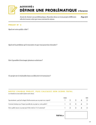 1 7
PROJET N° 2
Quel est votre public cible ?
Quel est le problème qu’il rencontre et que vous pourriez résoudre ?
Est-il possible d’envisager plusieurs solutions ?
Ce projet est-il réalisable dans un délai de 5 à 6 semaines ?
ACTIVITÉ 1
DÉFINIR UNE PROBLÉMATIQUE 2 heures
N O T E Z C H A Q U E P R O J E T, P U I S C A L C U L E Z S O N S C O R E T O T A L 	 	
Le résultat va vous aider à faire votre choix.
T O T A L =
1	2	3	4	5
1	2	3	4	5
1	2	3	4	5
FAIBLE FORT
Spontanément, quel est le degré d’enthousiasme que ce projet vous inspire ?
Comment évaluez-vous l’impact possible de ce projet sur votre public ?
Dans quelle mesure ce projet peut-il être traité en 5 à 6 semaines ?
Avant de choisir une problématique, ébauchez deux ou trois projets différents
afin de trouver celui qui vous convient le mieux.
Page 2/4
 