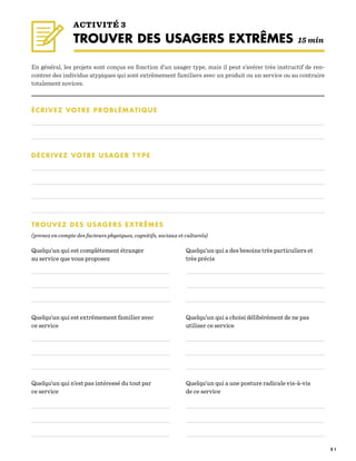 2 1
En général, les projets sont conçus en fonction d’un usager type, mais il peut s’avérer très instructif de ren-
contrer des individus atypiques qui sont extrêmement familiers avec un produit ou un service ou au contraire
totalement novices.
ACTIVITÉ 3
TROUVER DES USAGERS EXTRÊMES 15 min
ÉCRIVEZ VOTRE PROBLÉMATIQUE
TROUVEZ DES USAGERS EXTRÊMES
(prenez en compte des facteurs physiques, cognitifs, sociaux et culturels)
Quelqu’un qui est complètement étranger
au service que vous proposez
Quelqu’un qui a des besoins très particuliers et
très précis
Quelqu’un qui est extrêmement familier avec
ce service
Quelqu’un qui a choisi délibérément de ne pas
utiliser ce service
Quelqu’un qui n’est pas intéressé du tout par
ce service
Quelqu’un qui a une posture radicale vis-à-vis
de ce service
DÉCRIVEZ VOTRE USAGER TYPE
 