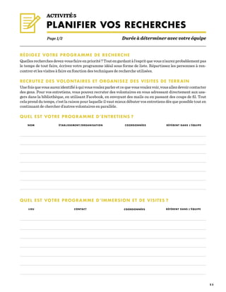 2 3
ACTIVITÉ 5
PLANIFIER VOS RECHERCHES
Page 1/2
RÉDIGEZ VOTRE PROGRAMME DE RECHERCHE
Quelles recherches devez-vous faire en priorité ? Tout en gardant à l’esprit que vous n’aurez probablement pas
le temps de tout faire, écrivez votre programme idéal sous forme de liste. Répartissez les personnes à ren-
contrer et les visites à faire en fonction des techniques de recherche utilisées.
RECRUTEZ DES VOLONTAIRES ET ORGANISEZ DES VISITES DE TERRAIN
Une fois que vous aurez identifié à qui vous voulez parler et ce que vous voulez voir, vous allez devoir contacter
des gens. Pour vos entretiens, vous pouvez recruter des volontaires en vous adressant directement aux usa-
gers dans la bibliothèque, en utilisant Facebook, en envoyant des mails ou en passant des coups de fil. Tout
cela prend du temps, c’est la raison pour laquelle il vaut mieux débuter vos entretiens dès que possible tout en
continuant de chercher d’autres volontaires en parallèle.
QUEL EST VOTRE PROGRAMME D’ENTRETIENS ?
NOM
LIEU
ÉTABLISSEMENT/ORGANISATION COORDONNÉES
CONTACT
RÉFÉRENT DANS L’ÉQUIPE
RÉFÉRENT DANS L’ÉQUIPE
Durée à déterminer avec votre équipe
QUEL EST VOTRE PROGRAMME D’IMMERSION ET DE VISITES ?
COORDONNÉES
 