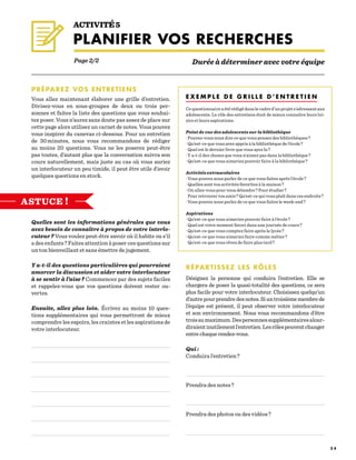 2 4
PRÉPAREZ VOS ENTRETIENS
Vous allez maintenant élaborer une grille d’entretien.
Divisez-vous en sous-groupes de deux ou trois per-
sonnes et faites la liste des questions que vous souhai-
tez poser. Vous n’aurez sans doute pas assez de place sur
cette page alors utilisez un carnet de notes. Vous pouvez
vous inspirer du canevas ci-dessous. Pour un entretien
de 30 minutes, nous vous recommandons de rédiger
au moins 20 questions. Vous ne les poserez peut-être
pas toutes, d’autant plus que la conversation suivra son
cours naturellement, mais juste au cas où vous auriez
un interlocuteur un peu timide, il peut être utile d’avoir
quelques questions en stock.
Quelles sont les informations générales que vous
avez besoin de connaître à propos de votre interlo-
cuteur ? Vous voulez peut-être savoir où il habite ou s’il
a des enfants ? Faites attention à poser ces questions sur
un ton bienveillant et sans émettre de jugement.
Y a-t-il des questions particulières qui pourraient
amorcer la discussion et aider votre interlocuteur
à se sentir à l’aise ? Commencez par des sujets faciles
et rappelez-vous que vos questions doivent rester ou-
vertes.
Ensuite, allez plus loin. Écrivez au moins 10 ques-
tions supplémentaires qui vous permettront de mieux
comprendre les espoirs, les craintes et les aspirations de
votre interlocuteur.
E X E M P L E D E G R I L L E D ’ E N T R E T I E N
Cequestionnaireaétérédigédanslecadred’unprojets’adressantaux
adolescents. Le rôle des entretiens était de mieux connaître leurs loi-
sirs et leurs aspirations.
Point de vue des adolescents sur la bibliothèque
· Pouvez-vous nous dire ce que vous pensez des bibliothèques ?
· Qu’est-ce que vous avez appris à la bibliothèque de l’école ?
· Quel est le dernier livre que vous ayez lu ?
· Y a-t-il des choses que vous n’aimez pas dans la bibliothèque ?
· Qu’est-ce que vous aimeriez pouvoir faire à la bibliothèque ?
Activités extrascolaires
· Vous pouvez nous parler de ce que vous faites après l‘école ?
· Quelles sont vos activités favorites à la maison ?
· Où allez-vous pour vous détendre ? Pour étudier ?
Pour retrouver vos amis ? Qu’est-ce qui vous plaît dans ces endroits ?
· Vous pouvez nous parler de ce que vous faites le week-end ?
Aspirations
· Qu’est-ce que vous aimeriez pouvoir faire à l’école ?
· Quel est votre moment favori dans une journée de cours ?
· Qu’est-ce que vous comptez faire après le lycée ?
· Qu’est-ce que vous aimeriez faire comme métier ?
Qu’est-ce que vous rêvez de faire plus tard ?
RÉPARTISSEZ LES RÔLES
Désignez la personne qui conduira l’entretien. Elle se
chargera de poser la quasi-totalité des questions, ce sera
plus facile pour votre interlocuteur. Choisissez quelqu’un
d’autrepourprendredesnotes.Siuntroisièmemembrede
l’équipe est présent, il peut observer votre interlocuteur
et son environnement. Nous vous recommandons d’être
troisaumaximum.Despersonnessupplémentairesalour-
diraientinutilementl’entretien.Lesrôlespeuventchanger
entrechaquerendez-vous.
Qui :
Conduira l’entretien ?
Prendra des notes ?	
Prendra des photos ou des vidéos ?
ACTIVITÉ 5
PLANIFIER VOS RECHERCHES
Page 2/2 Durée à déterminer avec votre équipe
ASTUCE !
 