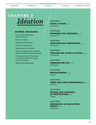 2 7
ACTIVITÉ 1
FAIRE LE POINT p. 28
30 minutes
—————
ACTIVITÉ 2
PARTAGER VOS HISTOIRES p. 29
2 heures et +
—————
ACTIVITÉ 3
IDENTIFIER DES CONSTANTES p. 30
30 minutes
———
ACTIVITÉ 4
TROUVER DES PISTES D’ACTION p. 31
1 à 2 heures
—————
ACTIVITÉ 5
FORMULER DES CPO p. 32
30 minutes
—————
ACTIVITÉ 6
BRAINSTORMER p. 33
1 heure
—————
ACTIVITÉ 7
CRÉER UNE CARTE CONCEPTUELLE p. 34
2 heures
—————
ACTIVITÉ 8
DÉFINIR UNE STRATÉGIE
DE PROTOTYPAGE p. 38
1 heure
—————
ACTIVITÉ 9
ORGANISER UN MARATHON
CRÉATIF p. 39
4 heures et +
C H A P I T R E   3
Idéation
MATÉRIEL NÉCESSAIRE
· Une copie du kit pratique
(1 par personne)
· Papier et cahiers
· Feutres (ou équivalent)
· Post-it (ou équivalent)
· Appareil photo ou caméra
· De quoi manger pour les réunions
de brainstorming et de prototypage
· Un espace de travail vaste pour
les réunions de brainstorming
et de prototypage
· Matériel de prototypage
1 / D É M A R R A G E 2 / I N S P I R A T I O N 3 / I D É A T I O N 4 / I T É R A T I O N 5 / C H A N G E M E N T D ’ É C H E L L E
 