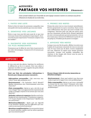 2 9
ACTIVITÉ 2
PARTAGER VOS HISTOIRES 2 heures et +
Cette activité réalisée avec l’ensemble de votre équipe consiste à mettre en commun sous forme
d’histoireslerésultatdevosrecherches.
1. FAITES UNE LISTE
Faites la liste de toutes les personnes auxquelles vous
avez parlé et de tous les endroits que vous avez visités.
2. IDENTIFIEZ VOS LACUNES
Notez ce que vous avez fait mais aussi de ce que vous
n’avez pas réussi à faire pendant le temps imparti. Avez-
vous des lacunes importantes ? Comment comptez-vous
les combler ?
3. RACONTEZ VOS HISTOIRES
LES PLUS MARQUANTES
Commencez par le début de votre liste et parcourez-la
par ordre chronologique. Consacrez 10 à 15 minutes par
restitution.
Si vous avez pris des photos, imprimez les meilleures
et affichez-les au fur et à mesure. Cela vous aidera à
organiser vos idées et à vous rappeler des petits détails
grâce à la mémoire visuelle.
Voici une liste des principales informations à
fournir pour chaque personne rencontrée :
· Informations personnelles  : Qui avez-vous ren-
contré ? (nom, âge, profession, etc.)
· Environnement  : Où l’entretien s’est-il déroulé ?
Quelles interactions avec l’environnement avez-vous
observées ?
· Faits remarquables  : Qu’est-ce qui a été dit et qui
vous a frappé ? Que vous apprennent les expressions du
visage, le langage corporel et les actions que vous avez
observés ?
· Attitudes, valeurs et croyances : Quelles sont les ha-
bitudes de votre interlocuteur ? Comment se comporte-
t-il ? À quoi attache-t-il de l’importance ? Quelles sont
ses convictions ?
· Motivations/Obstacles  : Quels sont ses objectifs
et ses attentes ? Quelles sont les difficultés qu’il ren-
contre ou ses sources de frustration ?
· Questions complémentaires : Si vous pouviez mener
un nouvel entretien, quelles sont les autres questions
que vous aimeriez poser ?
4. PRENEZ DES NOTES
Prenez des notes tout en vous écoutant mutuellement.
Écrivez proprement et en gros caractères. Soyez concis
mais suffisamment clair pour que tout le monde vous
comprenne. Inscrivez juste une idée par post-it pour
que leur classement soit plus facile. Essayez également
de noter certaines phrases qui sont prononcées, c’est un
bon moyen pour retranscrire fidèlement le point de vue
de quelqu’un. N’oubliez pas de penser en images !
5. AFFICHEZ VOS NOTES
Lorsque vous avez fini de parler, affichez vos notes sous
la photo de la personne concernée (si vous en avez pris
une). Si vous n’avez pas de photo, écrivez simplement
son nom. Réservez un espace pour chaque personne
rencontrée. Lorsque c’est possible, rassemblez des
citations et des images afin d’avoir sous les yeux le
tableau le plus complet.
Et pour chaque visite de terrain, immersion ou
situation analogue :
· Environnement  : Dans quel endroit vous êtes-vous
rendu et quel est le rapport avec votre problématique ?
· Faits remarquables : Qu’est-ce qui vous a interpellé
ou étonné lors de votre visite ? Comment cette expé-
rience a-t-elle renouvelé votre point de vue sur votre
problématique ?
ASTUCE !
 
