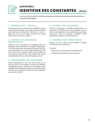 3 0
ACTIVITÉ 3
IDENTIFIER DES CONSTANTES 30 min
Aucoursdecetteactivité,vousallezrassemblervosconstatsetvosobservationssimilairesen
ensemblesthématiques.
1. TROUVEZ DES « PÉPITES »
Parmi les post-it qui viennent d’être d’affichés, chaque
membre de votre équipe va en choisir 5 qui lui semblent
particulièrement intéressants. Mettez-les à part et
placez-les sur une zone vierge entourée d’un grand
espace vide. Ce sont vos « pépites. »
2. FORMEZ DES ENSEMBLES
THÉMATIQUES
Passez en revue vos pépites et rassemblez celles qui
présentent des similitudes en ensembles thématiques.
Y a-t-il des choses qui sont revenues plusieurs fois dans
vos conversations ? Y a-t-il des comportements que vous
avez souvent vus se répéter ? Quels sont les enjeux qui
vous sautent aux yeux ? Avez-vous entendu des choses
contradictoires ? Si oui, comment l’expliquez-vous ?
3. CORROBOREZ VOS ENSEMBLES
Passez rapidement en revue les autres notes qui ne
font pas partie de vos pépites. Trouvez des éléments
supplémentaires pour alimenter vos ensembles. Est-il
possibled’incluredesphotographiesoudesobservations
visuelles qui confirment la pertinence des catégories
que vous avez créées ?
4. AFFINEZ VOS ENSEMBLES
Formez au minimum 3 ensembles thématiques et au
maximum  6. N’hésitez pas à tout reprendre à zéro si
d’autres regroupements vous semblent plus pertinents.
Devez-vous créer de nouveaux ensembles ? Est-il
possible d’en combiner certains entre eux ?
5. NOMMEZ VOS THÉMATIQUES
Donnez un titre le plus concret possible à chaque
ensemble que vous avez formé.
Exemples :
· « Importance de la proximité de la bibliothèque »
· « Améliorations possibles du trajet matinal »
 