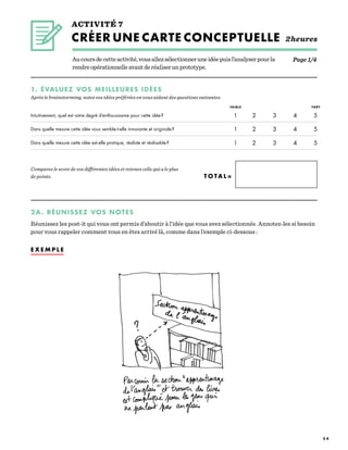 3 4
Aucoursdecetteactivité,vousallezsélectionneruneidéepuisl’analyserpourla
rendreopérationnelleavantderéaliserunprototype.
ACTIVITÉ 7
CRÉER UNE CARTE CONCEPTUELLE 2 heures
Intuitivement, quel est votre degré d’enthousiasme pour cette idée ?
Dans quelle mesure cette idée vous semble-t-elle innovante et originale ?
Dans quelle mesure cette idée est-elle pratique, réaliste et réalisable ?
1. ÉVALUEZ VOS MEILLEURES IDÉES
Après le brainstorming, notez vos idées préférées en vous aidant des questions suivantes.
2A. RÉUNISSEZ VOS NOTES
Réunissez les post-it qui vous ont permis d’aboutir à l’idée que vous avez sélectionnée. Annotez-les si besoin
pour vous rappeler comment vous en êtes arrivé là, comme dans l’exemple ci-dessous :
T O T A L =
1	2	3	4	5
1	2	3	4	5
1	2	3	4	5
FAIBLE FORT
Comparez le score de vos différentes idées et retenez celle qui a le plus
de points.
Page 1/4
E X E M P L E
 
