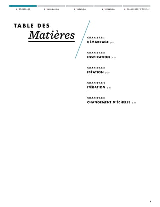 2
1 / D É M A R R A G E 2 / I N S P I R AT I O N 3 / I D É AT I O N 4 / I T É R AT I O N 5 / C H A N G E M E N T D ’ É C H E L L E
  CHAPITRE 1
DÉMARRAGE p. 3
  CHAPITRE 2
INSPIRATION p. 15
  CHAPITRE 3
IDÉATION p. 27
  CHAPITRE 4
ITÉRATION p. 41
  CHAPITRE 5
CHANGEMENT D’ÉCHELLE p. 51
TA B L E D E S
Matières
 