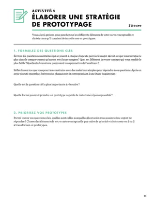 3 8
ACTIVITÉ 8
ÉLABORER UNE STRATÉGIE
DE PROTOTYPAGE 				 1 heure
1. FORMULEZ DES QUESTIONS CLÉS
Écrivez les questions essentielles qui se posent à chaque étape du parcours usager. Qu’est-ce qui vous intrigue le
plus dans le comportement qu’auront vos futurs usagers ? Quel est l’élément de votre concept qui vous semble le
plusfaible ?Quellesinformationspourraientvouspermettredel’améliorer ?
Réfléchissezàcequevouspourriezconstruireavecdesmatériauxsimplespourrépondreàcesquestions.Aprèsen
avoirdiscutéensemble,écrivezsouschaquepost-itcorrespondantàuneétapeduparcours :
Quelle est la question clé la plus importante à résoudre ?
Quelle forme pourrait prendre un prototype capable de tester une réponse possible ?
2. PRIORISEZ VOS PROTOTYPES
Parmi toutes vos questions clés, quelles sont celles auxquelles il est selon vous essentiel ou urgent de
répondre ? Classez les éléments de votre carte conceptuelle par ordre de priorité et choisissez-en 1 ou 2
à transformer en prototypes.
Vousallezàprésentvouspenchersurlesdifférentsélémentsdevotrecarteconceptuelleet
choisirceuxqu’ilconvientdetransformerenprototypes.
 