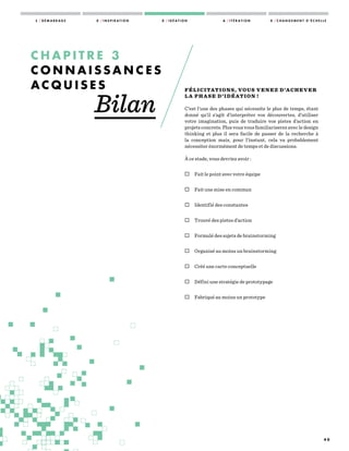 4 0
FÉLICITATIONS, VOUS VENEZ D’ACHEVER
LA PHASE D’IDÉATION !
C’est l’une des phases qui nécessite le plus de temps, étant
donné qu’il s’agit d’interpréter vos découvertes, d’utiliser
votre imagination, puis de traduire vos pistes d’action en
projets concrets. Plus vous vous familiariserez avec le design
thinking et plus il sera facile de passer de la recherche à
la conception mais, pour l’instant, cela va probablement
nécessiter énormément de temps et de discussions.
À ce stade, vous devriez avoir :
 Fait le point avec votre équipe
 Fait une mise en commun
 Identifié des constantes
 Trouvé des pistes d’action
 Formulé des sujets de brainstorming
 Organisé au moins un brainstorming
 Créé une carte conceptuelle
 Défini une stratégie de prototypage
 Fabriqué au moins un prototype
C H A P I T R E 3
C O N N A I S S A N C E S
A C Q U I S E S
Bilan
1 / D É M A R R A G E 2 / I N S P I R A T I O N 3 / I D É A T I O N 4 / I T É R A T I O N 5 / C H A N G E M E N T D ’ É C H E L L E
 