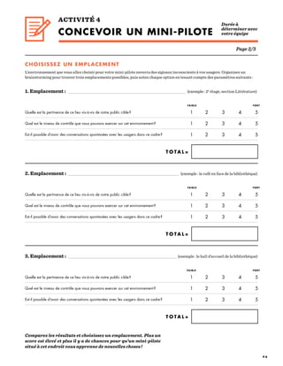 4 6
Page 2/3
Quelle est la pertinence de ce lieu vis-à-vis de notre public cible ?
Quel est le niveau de contrôle que nous pouvons exercer sur cet environnement ?
Est-il possible d’avoir des conversations spontanées avec les usagers dans ce cadre ?
Quelle est la pertinence de ce lieu vis-à-vis de notre public cible ?
Quel est le niveau de contrôle que nous pouvons exercer sur cet environnement ?
Est-il possible d’avoir des conversations spontanées avec les usagers dans ce cadre ?
Quelle est la pertinence de ce lieu vis-à-vis de notre public cible ?
Quel est le niveau de contrôle que nous pouvons exercer sur cet environnement ?
Est-il possible d’avoir des conversations spontanées avec les usagers dans ce cadre ?
1. Emplacement : 							   (exemple : 2e
étage, section Littérature)
2. Emplacement : 							       (exemple : le café en face de la bibliothèque)
3. Emplacement : 							 (exemple : le hall d’accueil de la bibliothèque)
T O T A L =
T O T A L =
T O T A L =
1	2	3	4	5
1	2	3	4	5
1	2	3	4	5
1	2	3	4	5
1	2	3	4	5
1	2	3	4	5
1	2	3	4	5
1	2	3	4	5
1	2	3	4	5
FAIBLE
FAIBLE
FAIBLE
FORT
FORT
FORT
CHOISISSEZ UN EMPLACEMENT
L’environnement que vous allez choisir pour votre mini-pilote enverra des signaux inconscients à vos usagers. Organisez un
brainstorming pour trouver trois emplacements possibles, puis notez chaque option en tenant compte des paramètres suivants :
Comparez les résultats et choisissez un emplacement. Plus un
score est élevé et plus il y a de chances pour qu’un mini-pilote
situé à cet endroit vous apprenne de nouvelles choses !
ACTIVITÉ 4
CONCEVOIR UN MINI-PILOTE  
Durée à
déterminer avec
votre équipe
 