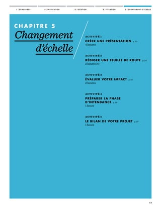 5 1
ACTIVITÉ 1
CRÉER UNE PRÉSENTATION p. 52
4 heures
—————
ACTIVITÉ 2
RÉDIGER UNE FEUILLE DE ROUTE p. 54
2 heures et +
—————
ACTIVITÉ 3
ÉVALUER VOTRE IMPACT p. 55
2 heures
—————
ACTIVITÉ 4
PRÉPARER LA PHASE
D’INTENDANCE p. 56
1 heure
—————
ACTIVITÉ 5
LE BILAN DE VOTRE PROJET p. 57
1 heure
C H A P I T R E   5
Changement
d’échelle
1 / D É M A R R A G E 2 / I N S P I R A T I O N 3 / I D É A T I O N 4 / I T É R A T I O N 5 / C H A N G E M E N T D ’ É C H E L L E
 