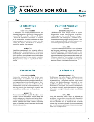 7
L E M É D I AT E U R
—————–—
RESPONSABILITÉS
Le Médiateur joue un rôle essentiel durant les
phases d’Inspiration et d’Itération. Il a souvent de
bonnes idées de recherches à effectuer, de visites
à faire ou de personnes à rencontrer. Sa fonction
est de puiser dans votre environnement au sens
le plus large pour vous mettre en contact avec des
usagers, des experts, des situations ou des expé-
riences qui peuvent vous inspirer.
QUALITÉS
Vous faites rapidement le lien entre des idées et
des gens ou des situations concrètes. Vous savez
qu’une simple conversation avec un usager peut
être la meilleure source d’inspiration. Vous êtes un
réseau à vous tout seul et vous semblez connaître
chaque personne qui passe la porte de la biblio-
thèque.
L’A N T H R O P O L O G U E
—————–—
RESPONSABILITÉS
L’Anthropologue brille surtout durant la phase
d’Inspiration, lorsque vous faites vos recherches,
car il vous pousse sans cesse à reformuler votre pro-
blématique. Il aide votre équipe à identifier les in-
formations qui vont vraiment la faire avancer. C’est
aussi une personne dont la curiosité innée est une
source d’inspiration pour toute votre équipe.
QUALITÉS
Les gens se confient spontanément à vous. Vous êtes
une personne très intuitive et vous aimez observer
la façon dont des gens utilisent des produits ou des
services, en bibliothèque ou ailleurs. C’est la raison
pour laquelle vous « voyez » souvent des choses qui
échappent aux autres. Votre curiosité est insatiable
et vous ne pouvez pas vous empêcher de vous poser
des questions sur le monde qui vous entoure.
L’ I N T E R P R È T E
—————–—
RESPONSABILITÉS
L’Interprète entretient des liens étroits avec
l’Anthropologue. Il contribue, lors de la phase
d’Idéation,àreformulerlesconstatsfaitssurleter-
rain en pistes d’action concrètes. L’Interprète iden-
tifie des thèmes récurrents dans vos découvertes. Il
empêche votre équipe de se précipiter sur une solu-
tion toute faite, il vous pousse plutôt à repérer des
contradictions subtiles dans vos observations.
QUALITÉS
Vous avez de véritables qualités d’analyse  : vous
arrivez à voir les relations qui existent entre des
réalités en apparence éloignées ou à clarifier des si-
tuations ambiguës. Vous raisonnez souvent par mé-
taphore. Vous êtes très ouvert d’esprit et vous vous
sentez à l’aise dans un environnement intellectuel
où tout est à construire.
L E D É M I N E U R
—————–—
RESPONSABILITÉS
Le Démineur écarte les obstacles qui barrent votre
route afin que votre équipe soit toujours au maximum
de ses capacités. C’est un rôle essentiel lorsqu’il faut
négocier avec des interlocuteurs, une tutelle ou lors-
qu’il faut remplir des démarches administratives la-
borieuses qui pourraient vous ralentir. Le Démineur
se bat pour trouver le temps, les moyens et le budget
nécessaires au projet tout en inventant des solutions
créatives.
QUALITÉS
Vous êtes imbattable lorsqu’il s’agit de résoudre des
problèmes et vous aimez relever des défis. Aucun défi
n’est trop grand ou trop modeste pour vous, vous pen-
sez sans cesse à ce qu’il est possible de faire au lieu de
vous arrêter au premier obstacle. Les gens sont séduits
par votre immense optimisme et impressionnés par
votre sens de l’organisation.
Page 2/3
ACTIVITÉ 3
À CHACUN SON RÔLE 		    15 min
 
