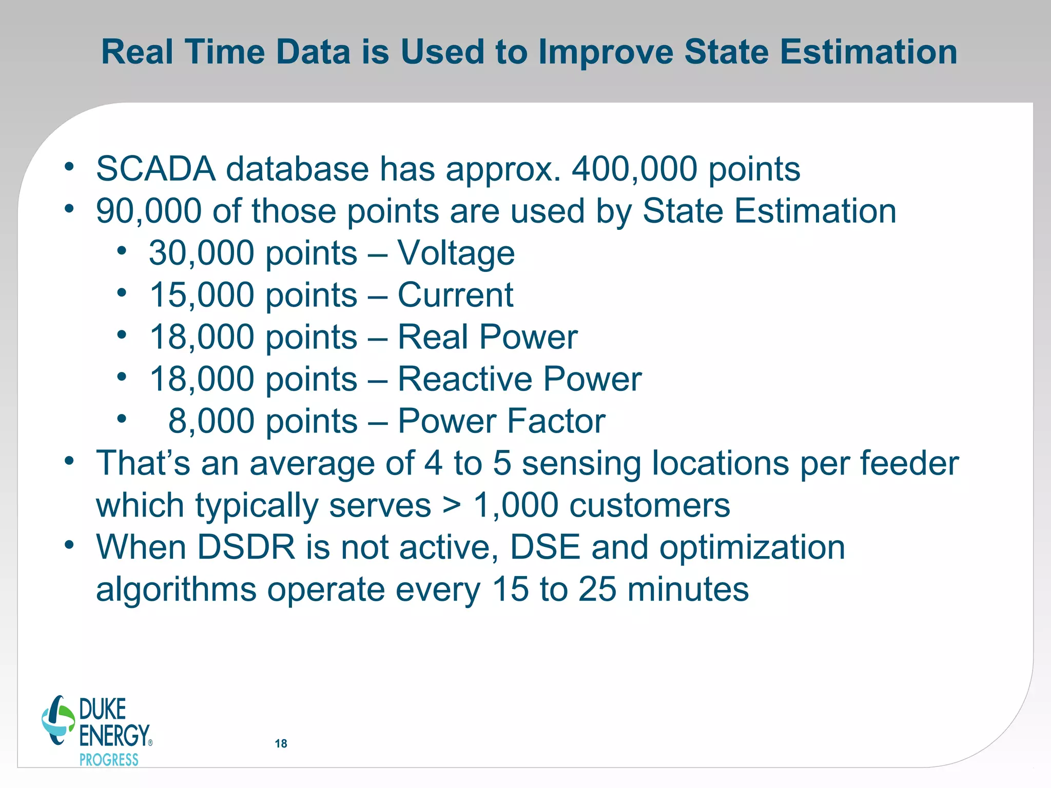 Real Time Data is Used to Improve State Estimation
18
• SCADA database has approx. 400,000 points
• 90,000 of those points are used by State Estimation
• 30,000 points – Voltage
• 15,000 points – Current
• 18,000 points – Real Power
• 18,000 points – Reactive Power
• 8,000 points – Power Factor
• That’s an average of 4 to 5 sensing locations per feeder
which typically serves > 1,000 customers
• When DSDR is not active, DSE and optimization
algorithms operate every 15 to 25 minutes
 