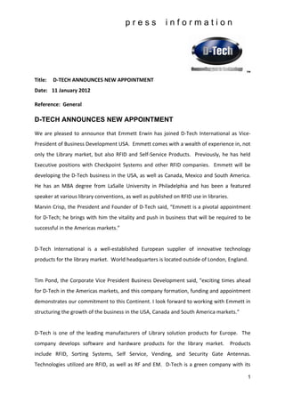 D Tech Announces New Appointment