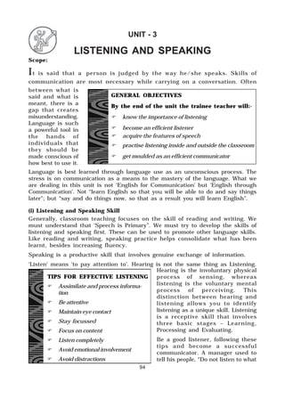 94
Scope:
It is said that a person is judged by the way he/she speaks. Skills of
communication are most necessary while carrying on a conversation. Often
between what is
said and what is
meant, there is a
gap that creates
misunderstanding.
Language is such
a powerful tool in
the hands of
individuals that
they should be
made conscious of
how best to use it.
Language is best learned through language use as an unconscious process. The
stress is on communication as a means to the mastery of the language. What we
are dealing in this unit is not ‘English for Communication’ but ‘English through
Communication’. Not “learn English so that you will be able to do and say things
later”; but “say and do things now, so that as a result you will learn English”.
(i) Listening and Speaking Skill
Generally, classroom teaching focuses on the skill of reading and writing. We
must understand that ‘Speech is Primary”. We must try to develop the skills of
listening and speaking first. These can be used to promote other language skills.
Like reading and writing, speaking practice helps consolidate what has been
learnt, besides increasing fluency.
Speaking is a productive skill that involves genuine exchange of information.
‘Listen’ means ‘to pay attention to’. Hearing is not the same thing as Listening.
Hearing is the involuntary physical
process of sensing, whereas
listening is the voluntary mental
process of perceiving. This
distinction between hearing and
listening allows you to identify
listening as a unique skill. Listening
is a receptive skill that involves
three basic stages – Learning,
Processing and Evaluating.
Be a good listener, following these
tips and become a successful
communicator. A manager used to
tell his people, “Do not listen to what
TIPS FOR EFFECTIVE LISTENING
! Assimilate and process informa-
tion
! Be attentive
! Maintain eye contact
! Stay focussed
! Focus on content
! Listen completely
! Avoid emotional involvement
! Avoid distractions
GENERAL OBJECTIVES
By the end of the unit the trainee teacher will:-
! know the importance of listening
! become an efficient listener
! acquire the features of speech
! practise listening inside and outside the classroom
! get moulded as an efficient communicator
LISTENING AND SPEAKING
UNIT - 3
 