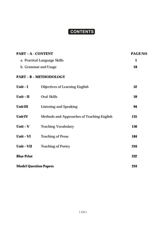 CONTENTS
PART – A - CONTENT PAGE NO
a. Practical Language Skills 1
b. Grammar and Usage 18
PART – B – METHODOLOGY
Unit – I Objectives of Learning English 52
Unit – II Oral Skills 59
Unit III Listening and Speaking 94
Unit IV Methods and Approaches of Teaching English 135
Unit – V Teaching Vocabulary 156
Unit – VI Teaching of Prose 184
Unit – VII Teaching of Poetry 216
Blue Print 232
Model Question Papers 234
( xiii )
 